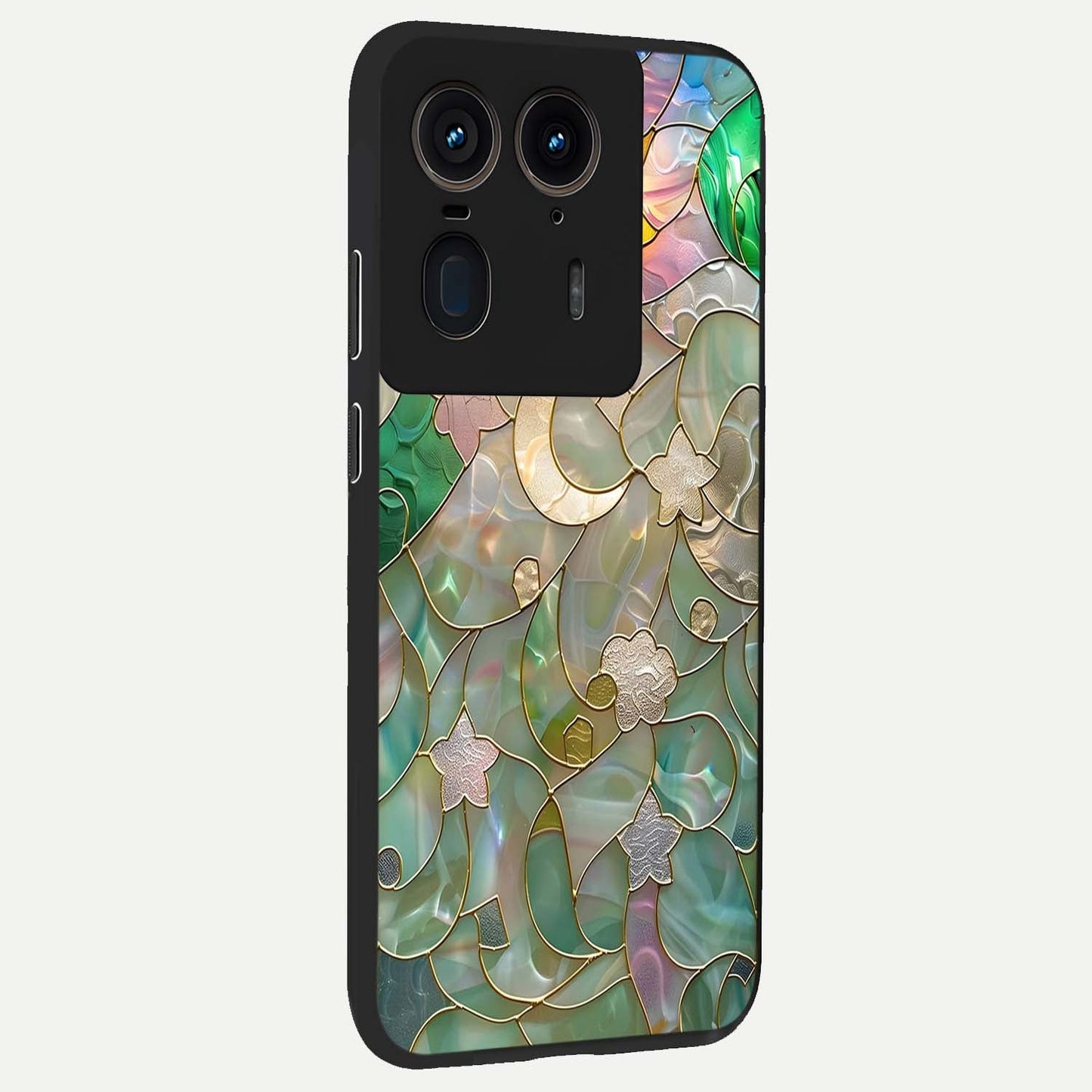Stained Sunrise Glow Glass Case upright view showcasing colorful sunrise artwork with warm morning theme.