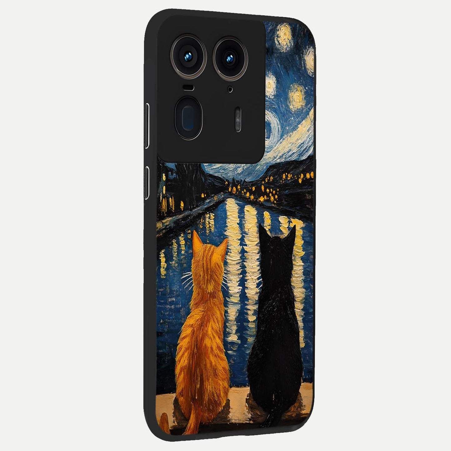Starry River Cats Glass Case upright view showcasing adorable cat artwork with magical river and stars theme.