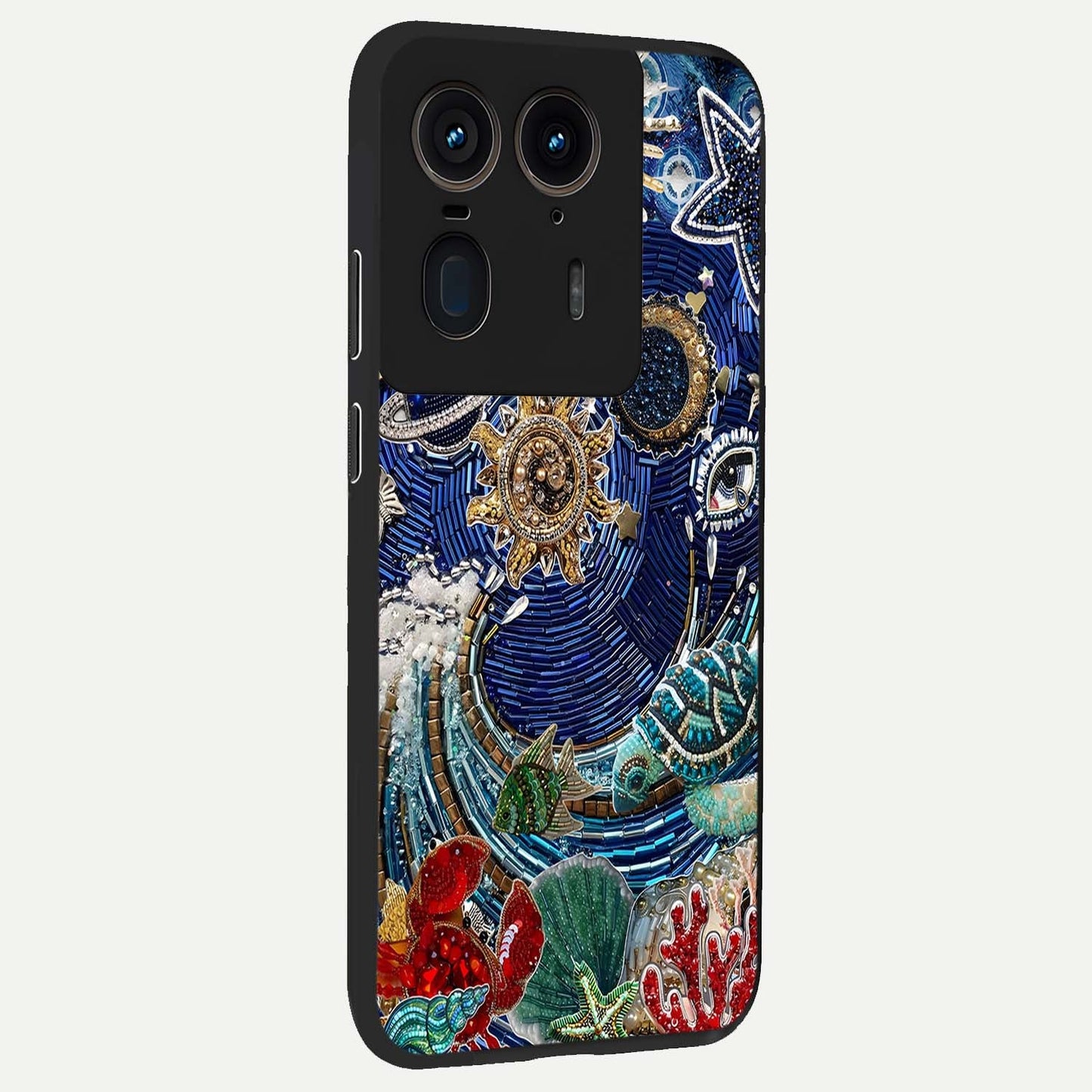 Universe Underwater Spark Glass Case upright view showcasing magical underwater galaxy artwork with vibrant cosmic theme.