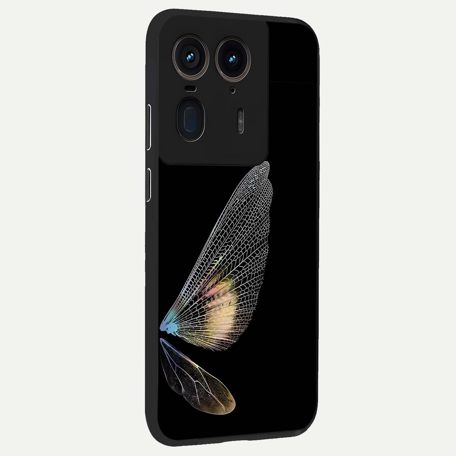 Whispers Of Wings Glass Case upright view showcasing elegant wing artwork with light airy theme.