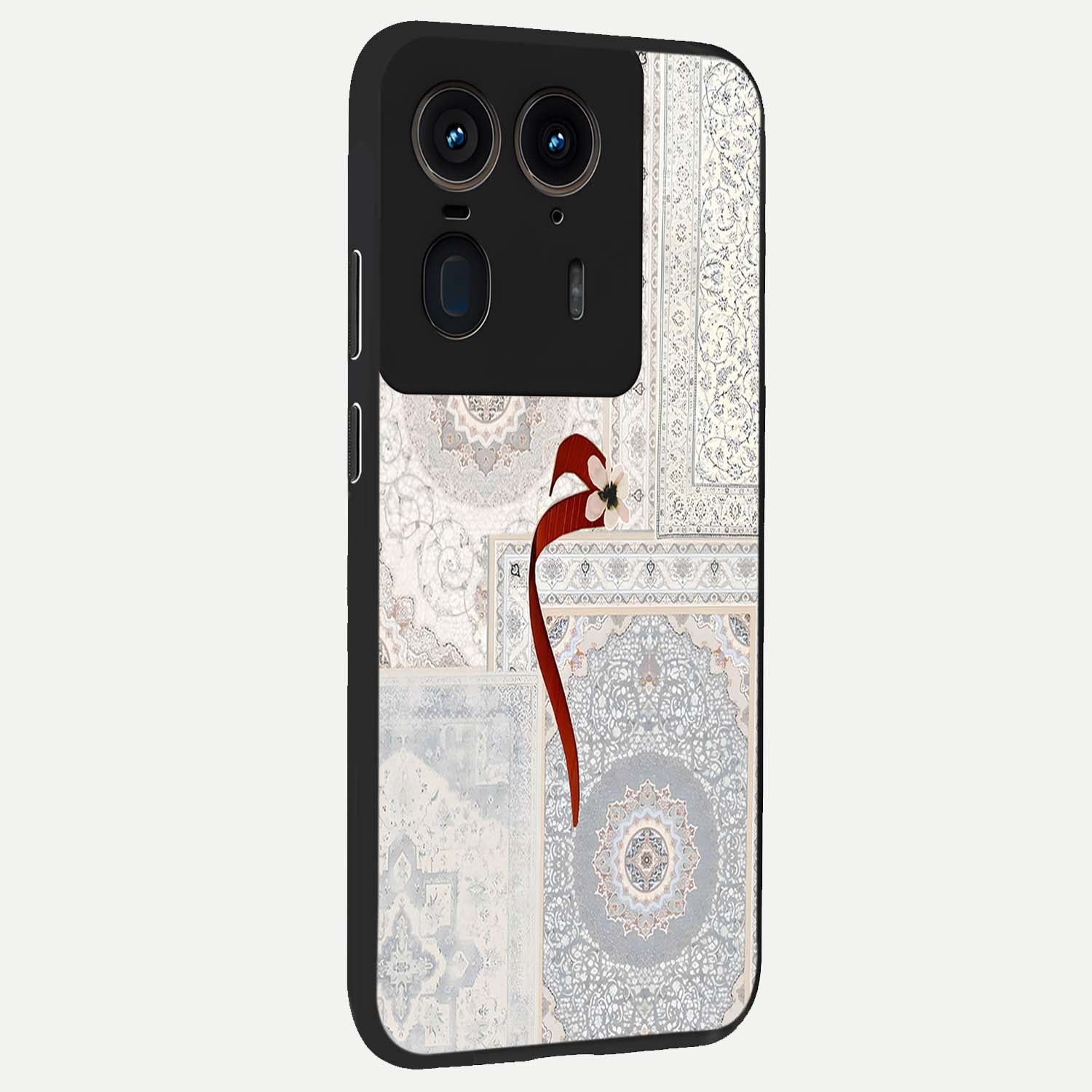 White Aesthetic Bow Glass Case upright view showcasing delicate ribbon bow artwork with cute minimalist theme.