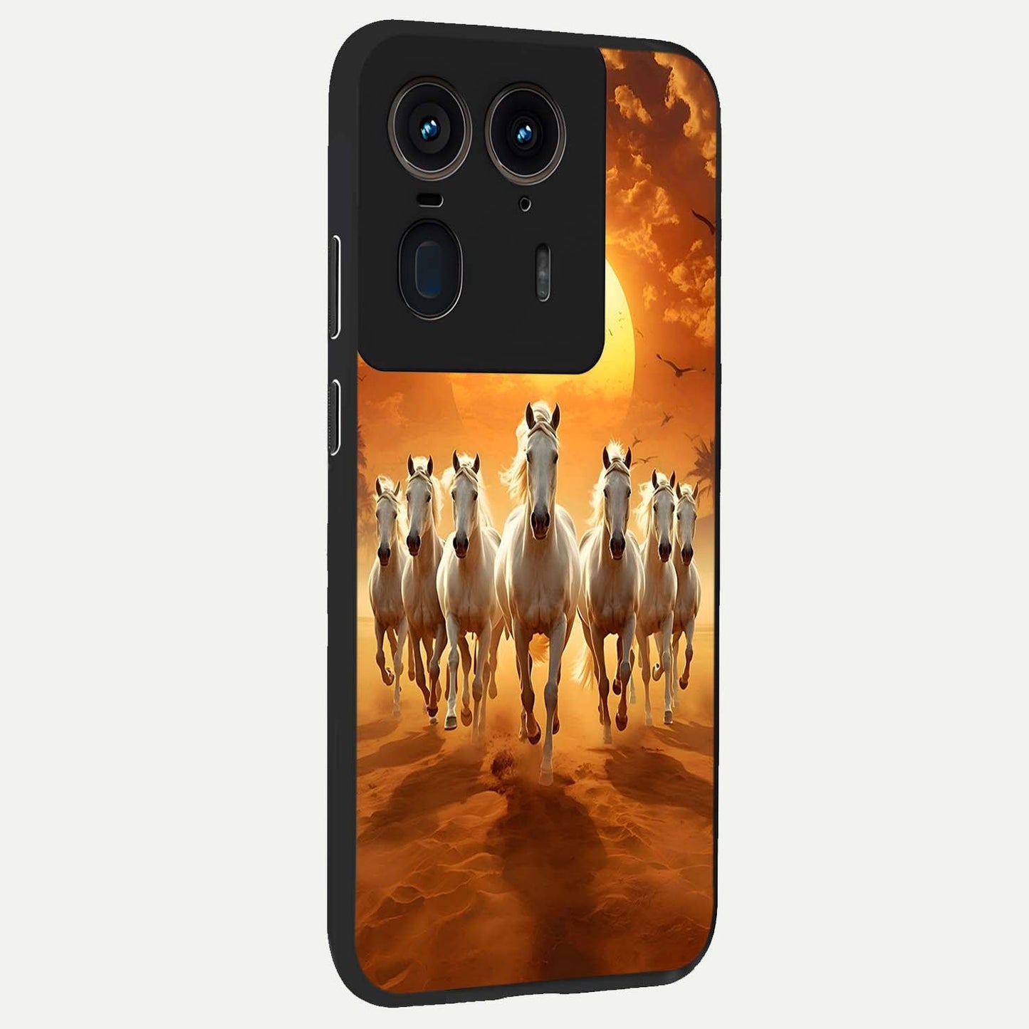 Wild Sunset Majesty Glass Case upright view showcasing dramatic sunset artwork with bold nature theme.