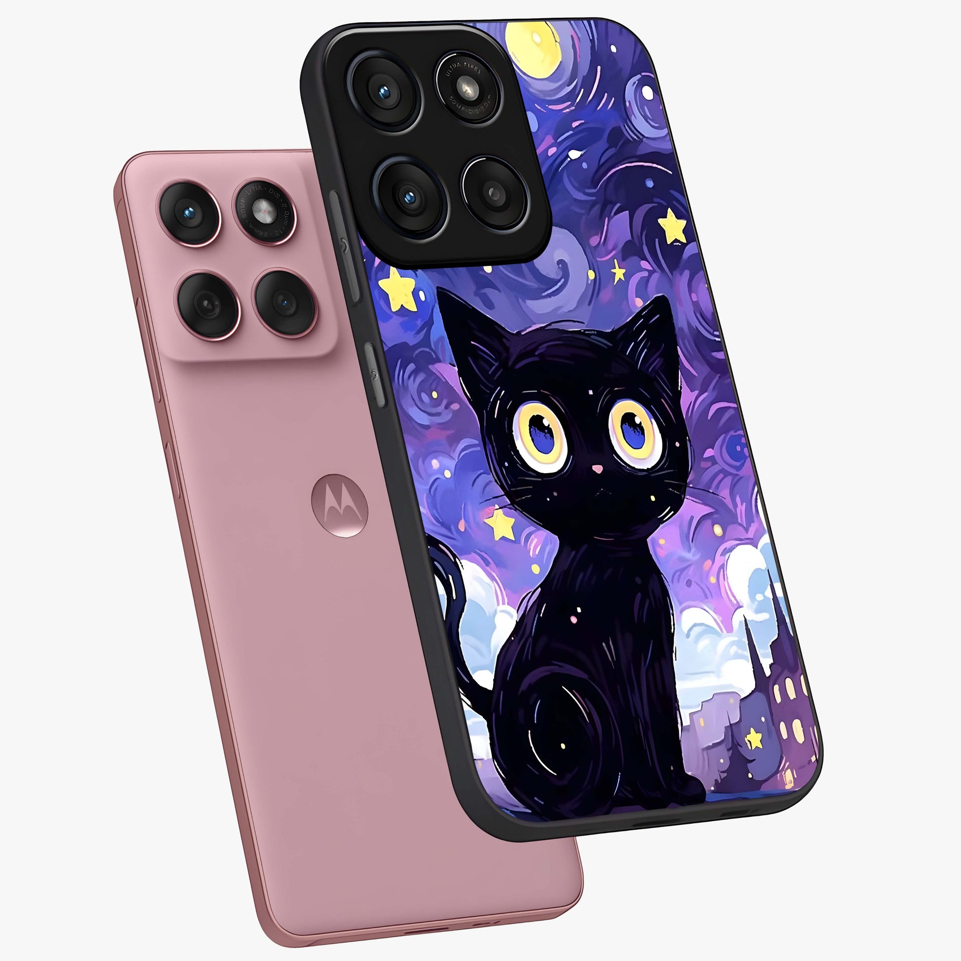 Abstract Cat Art Glass Case displayed in angled mockup highlighting modern abstract cat artwork and sleek glass surface.