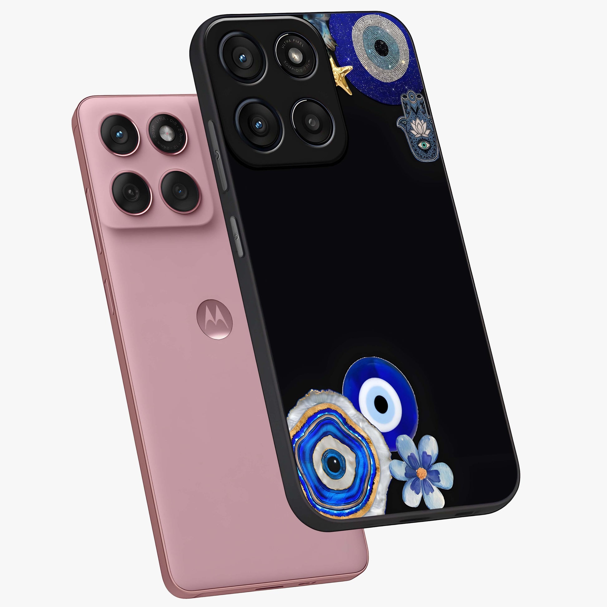 Aesthetic Blue Evil Eye Glass Case displayed in angled mockup highlighting blue evil eye symbol and spiritual aesthetic design.