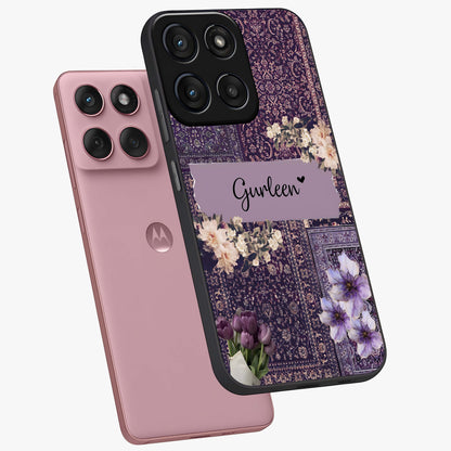 Antique Floral Whisper Custom Name Glass Case displayed in angled mockup highlighting elegant antique floral aesthetic.