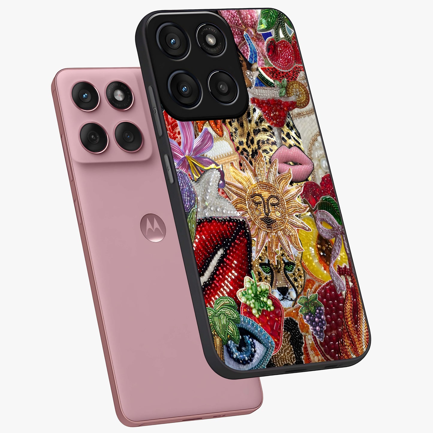 Beaded Fashion Jungle Glass Case displayed in angled mockup highlighting colorful fashion bead design and artistic pattern.