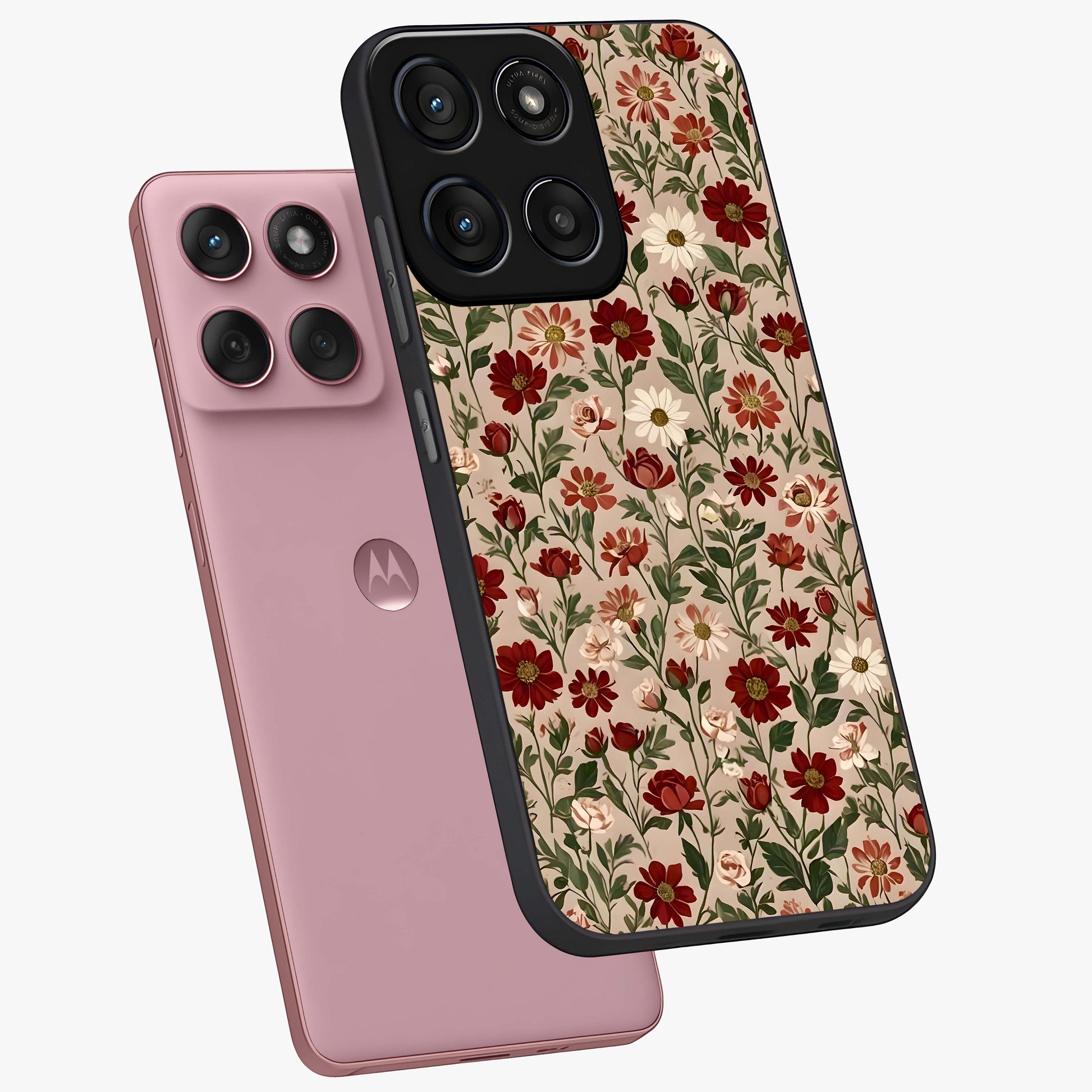 Biege Flower With Leaf Glass Case displayed in angled mockup highlighting minimal floral leaf design and elegant aesthetic.