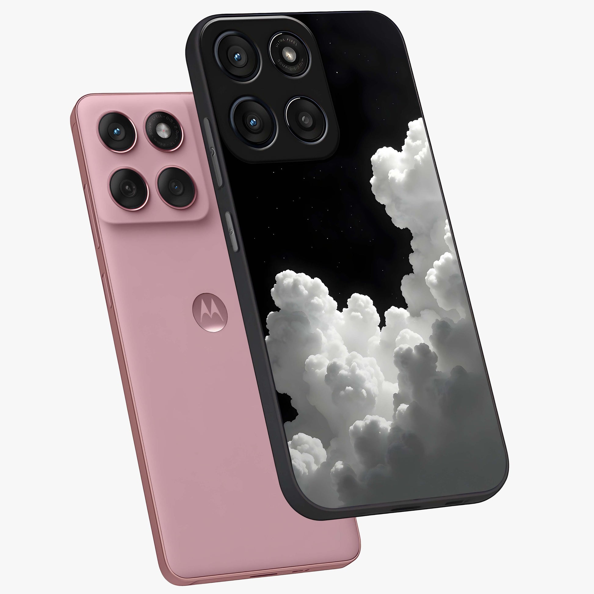 Black Background With White Cloud Glass Case displayed in angled mockup highlighting soft white cloud illustration and minimal design.