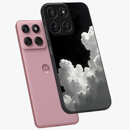 Black Background With White Cloud Glass Case displayed in angled mockup highlighting soft white cloud illustration and minimal design.