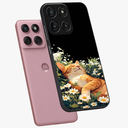 Blissful Bloom Cat Glass Case displayed in angled mockup highlighting playful feline illustration with soft floral aesthetic.