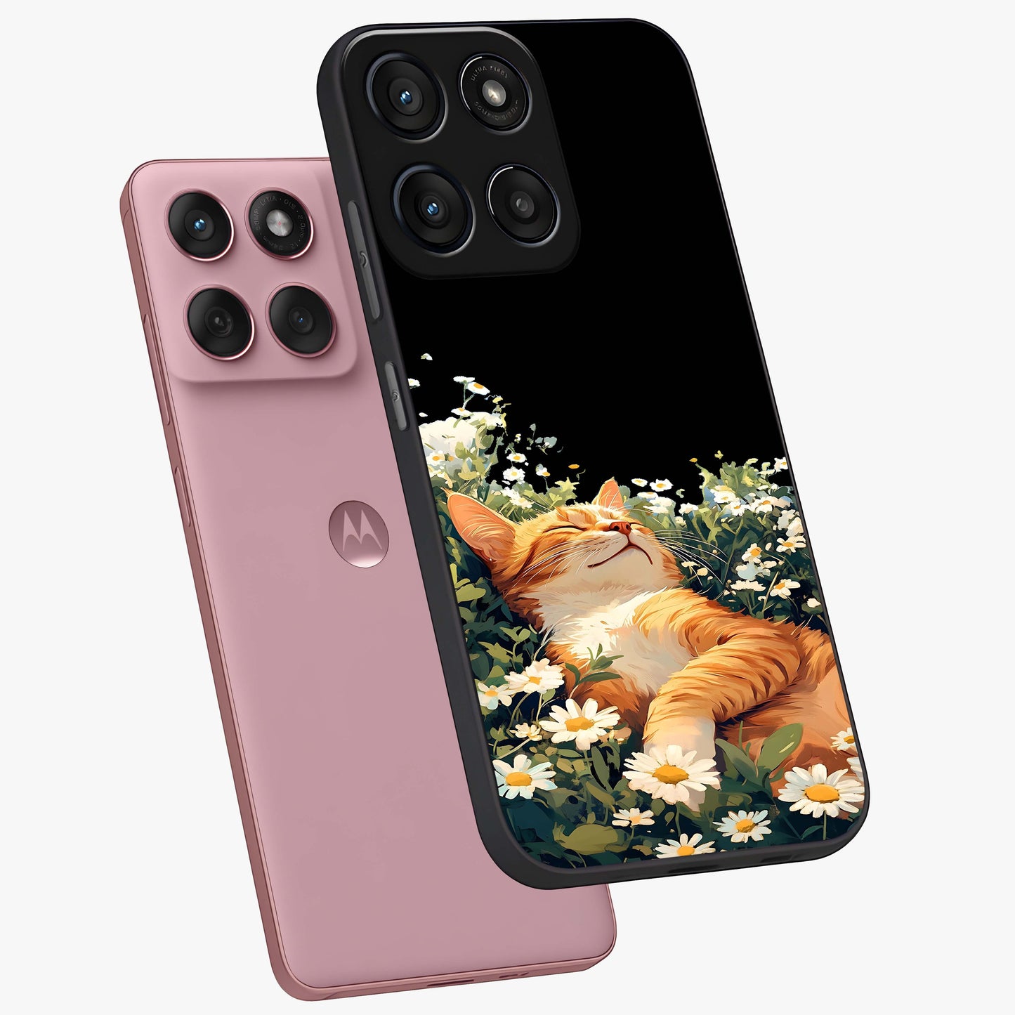 Blissful Bloom Cat Glass Case displayed in angled mockup highlighting playful feline illustration with soft floral aesthetic.