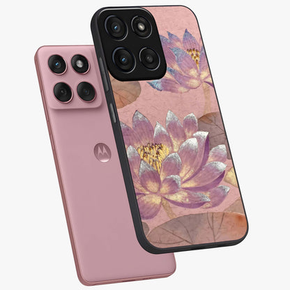 Blossom Mist Lotus Glass Case displayed in angled mockup highlighting delicate lotus illustration with calm aesthetic theme.