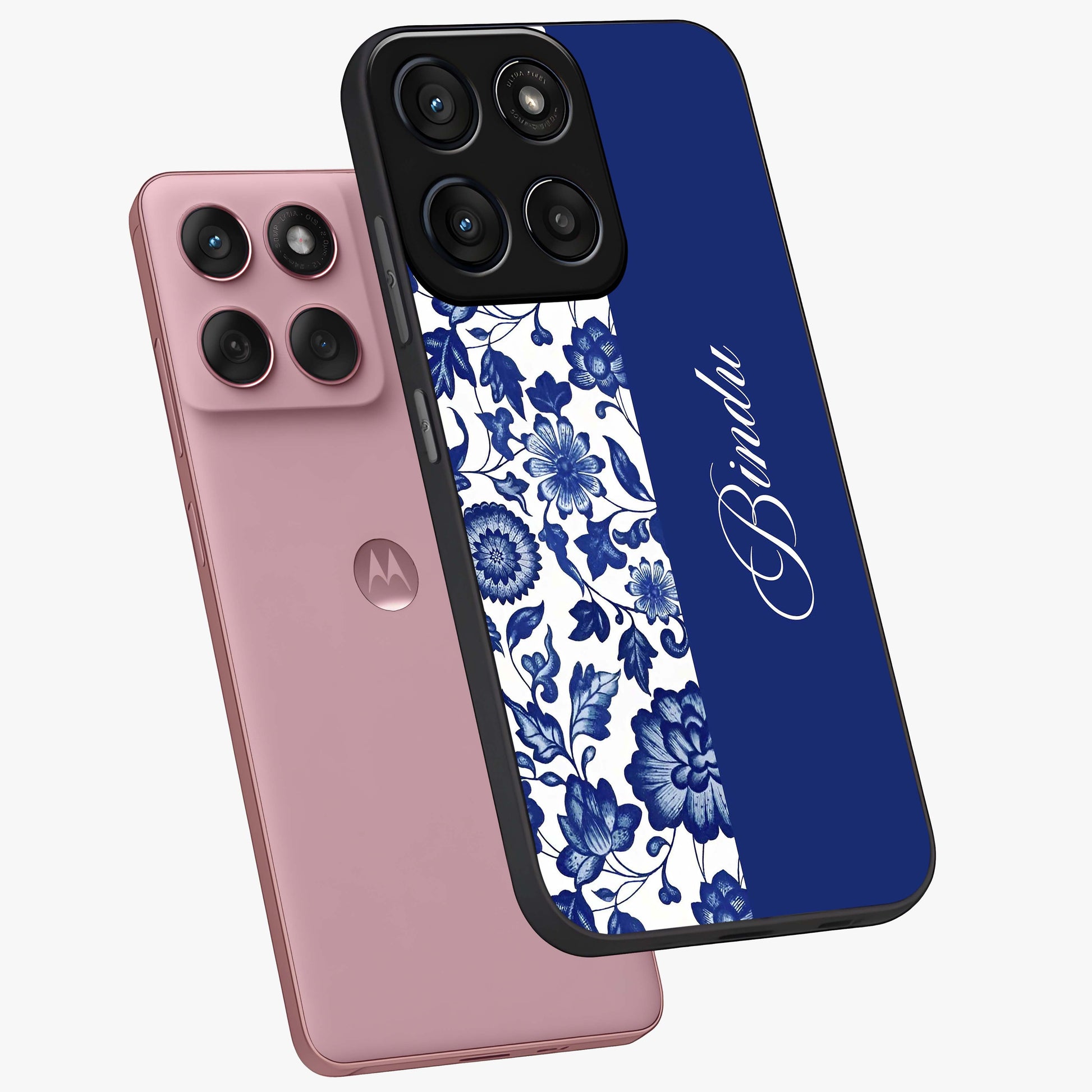 Blue Vintage Floral Pattern Glass Case displayed in angled mockup highlighting subtle bloom pattern with aesthetic pastel design.