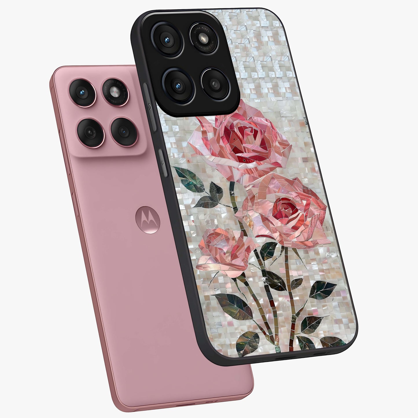 Blush Mosaic Bloom Glass Case displayed in angled mockup highlighting artistic mosaic flower pattern with aesthetic design.
