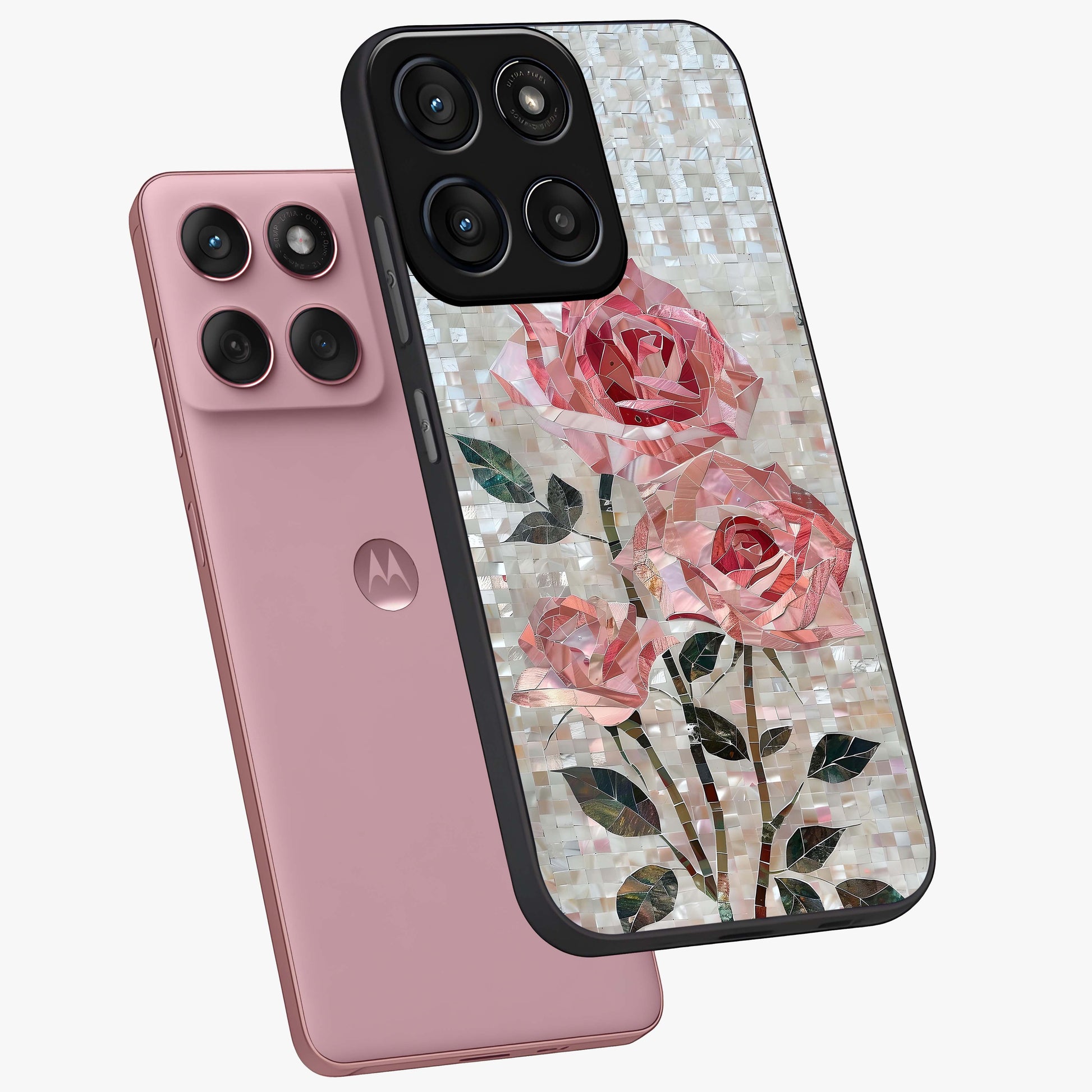 Blush Mosaic Bloom Glass Case displayed in angled mockup highlighting artistic mosaic flower pattern with aesthetic design.