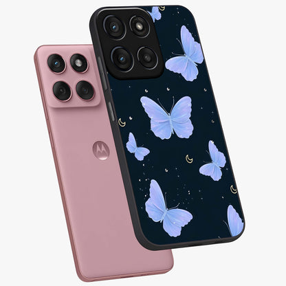 Butterfly With Stars Pattern Glass Case displayed in angled mockup highlighting dreamy butterfly and star design with aesthetic theme.