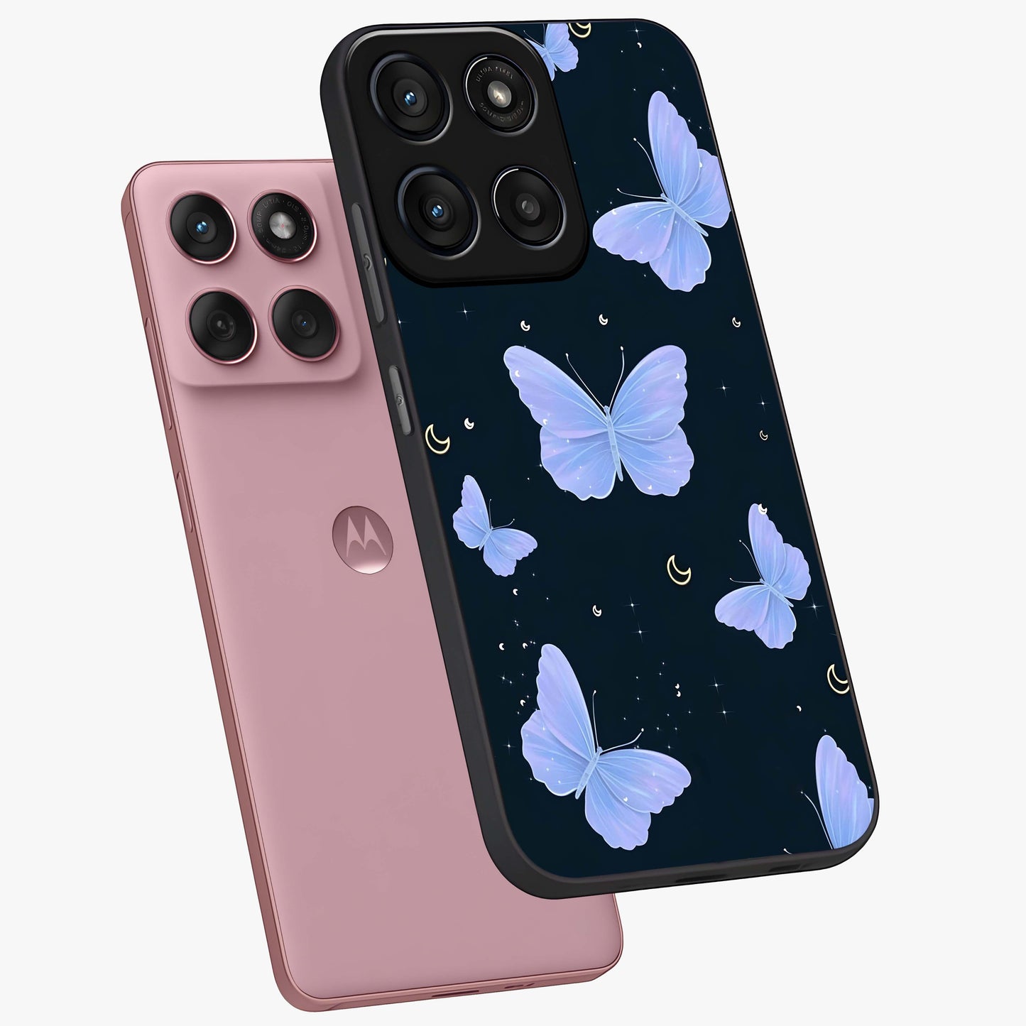 Butterfly With Stars Pattern Glass Case displayed in angled mockup highlighting dreamy butterfly and star design with aesthetic theme.