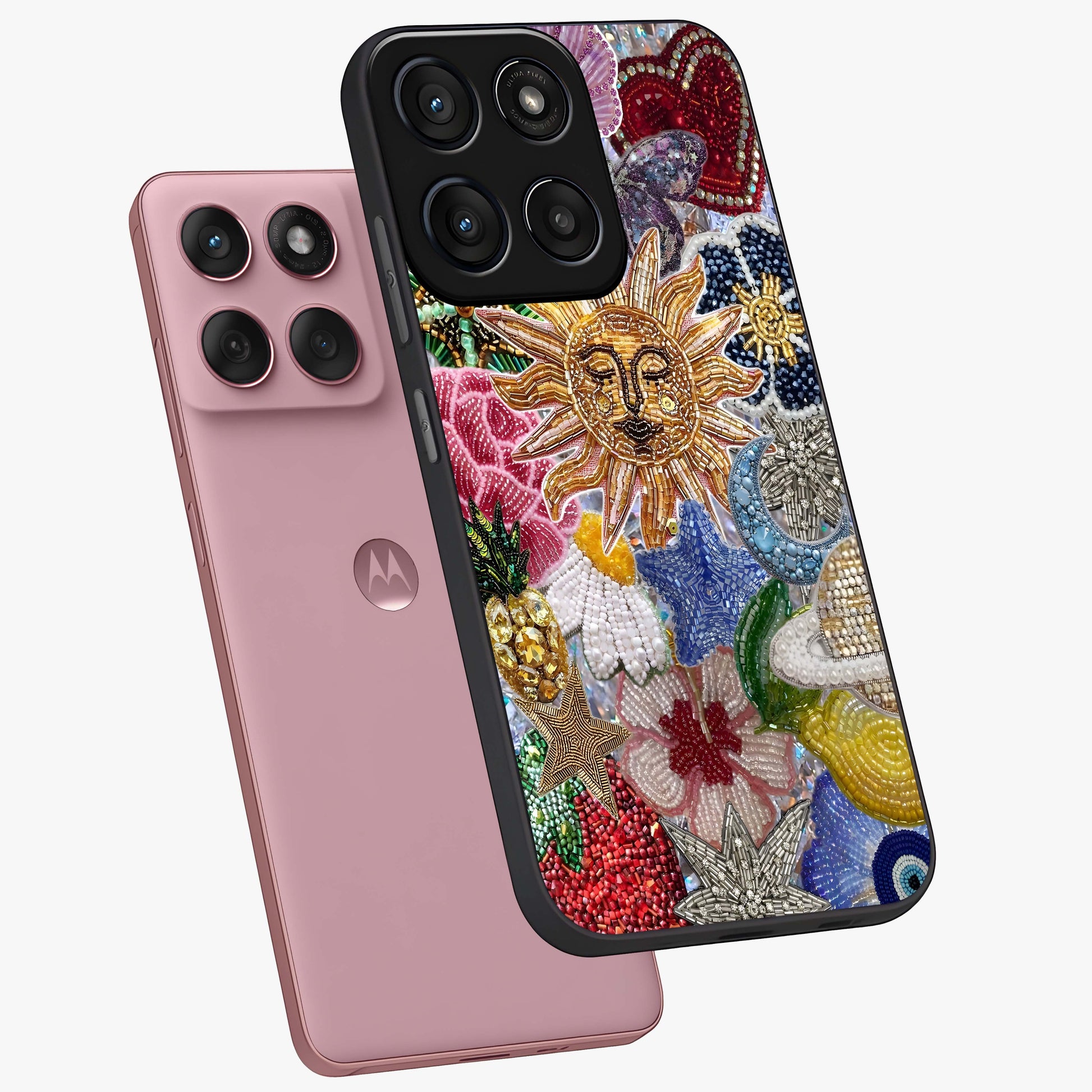 Celestial Floral and Playful Glass Case displayed in angled mockup highlighting playful floral design with dreamy celestial elements.