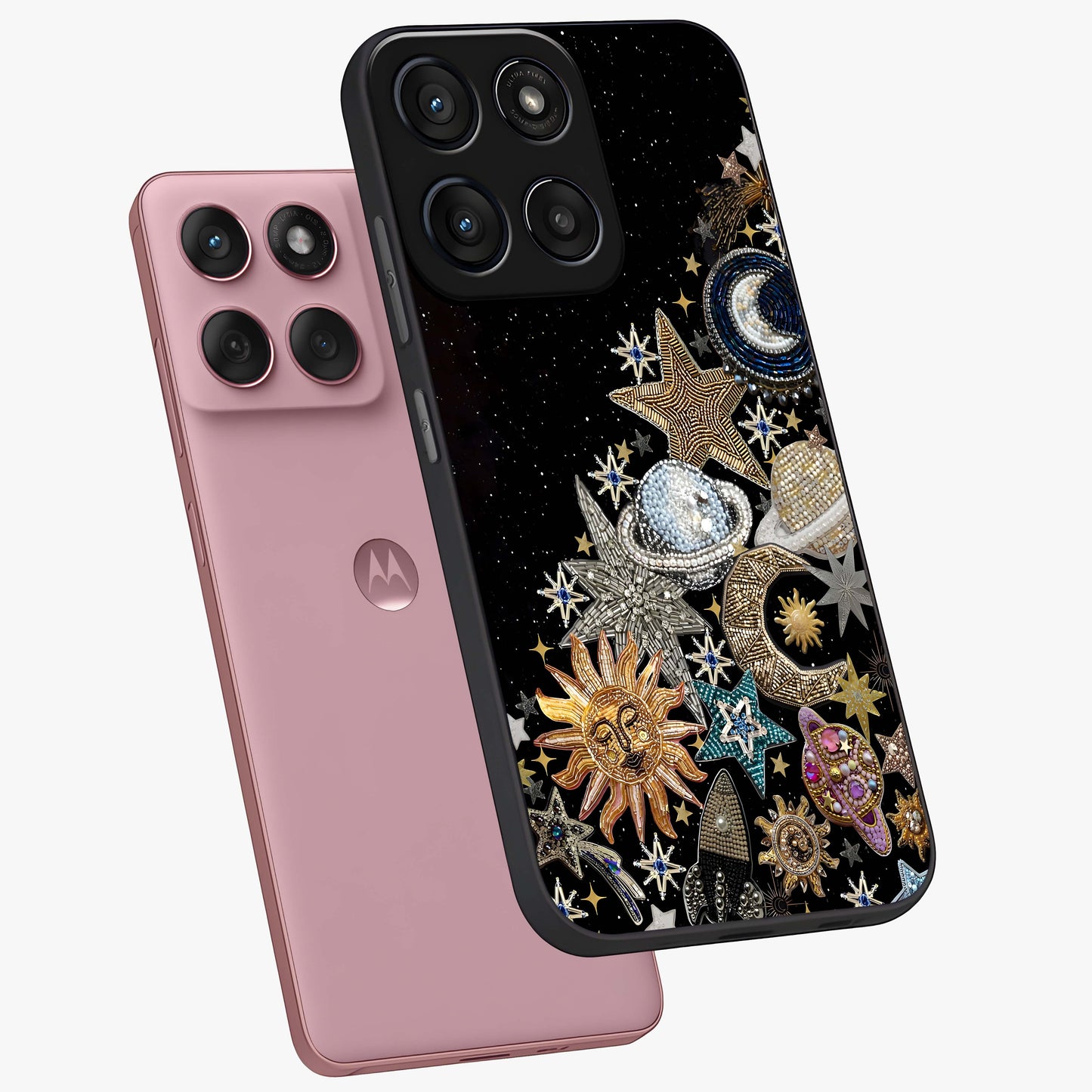 Cosmic Sparkle Dreams Glass Case displayed in angled mockup highlighting dreamy star sparkle design with celestial aesthetic.