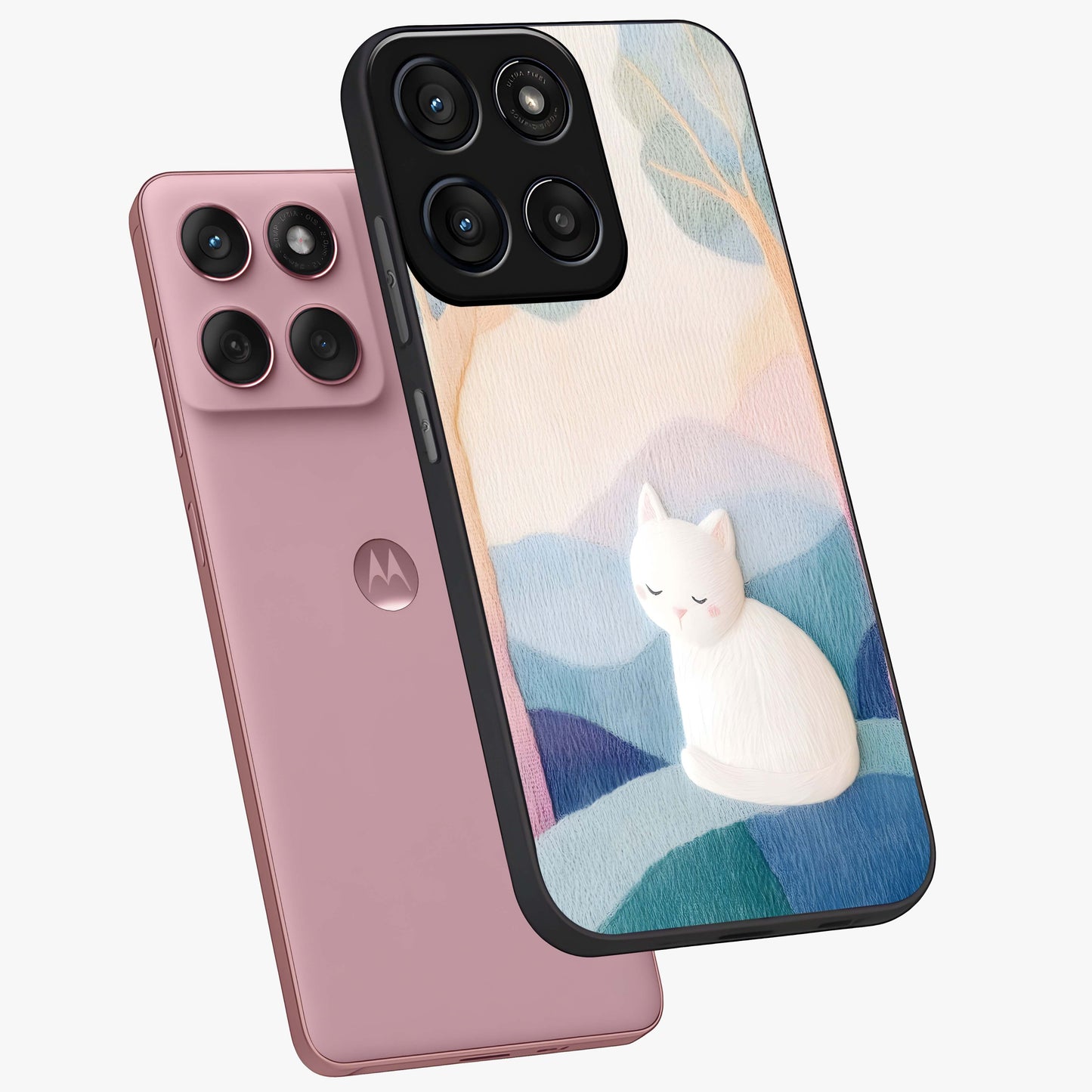 Cotton Dream Cat Glass Case displayed in angled mockup highlighting cute feline illustration with pastel aesthetic style.
