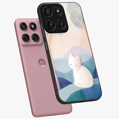 Cotton Dream Cat Glass Case displayed in angled mockup highlighting cute feline illustration with pastel aesthetic style.