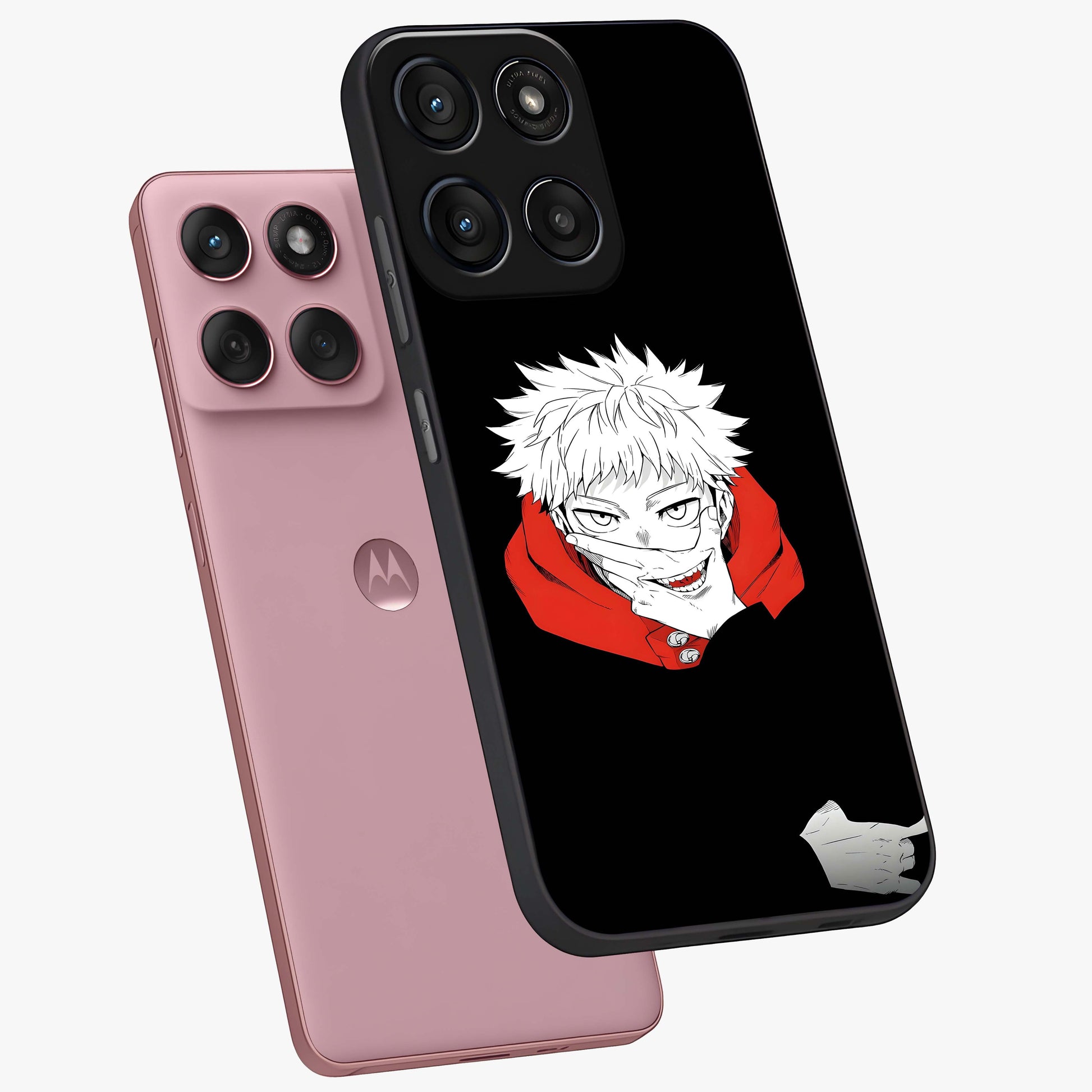 Crimson Chaos Smile Glass Case displayed in angled mockup highlighting edgy crimson smile design with graphic aesthetic.
