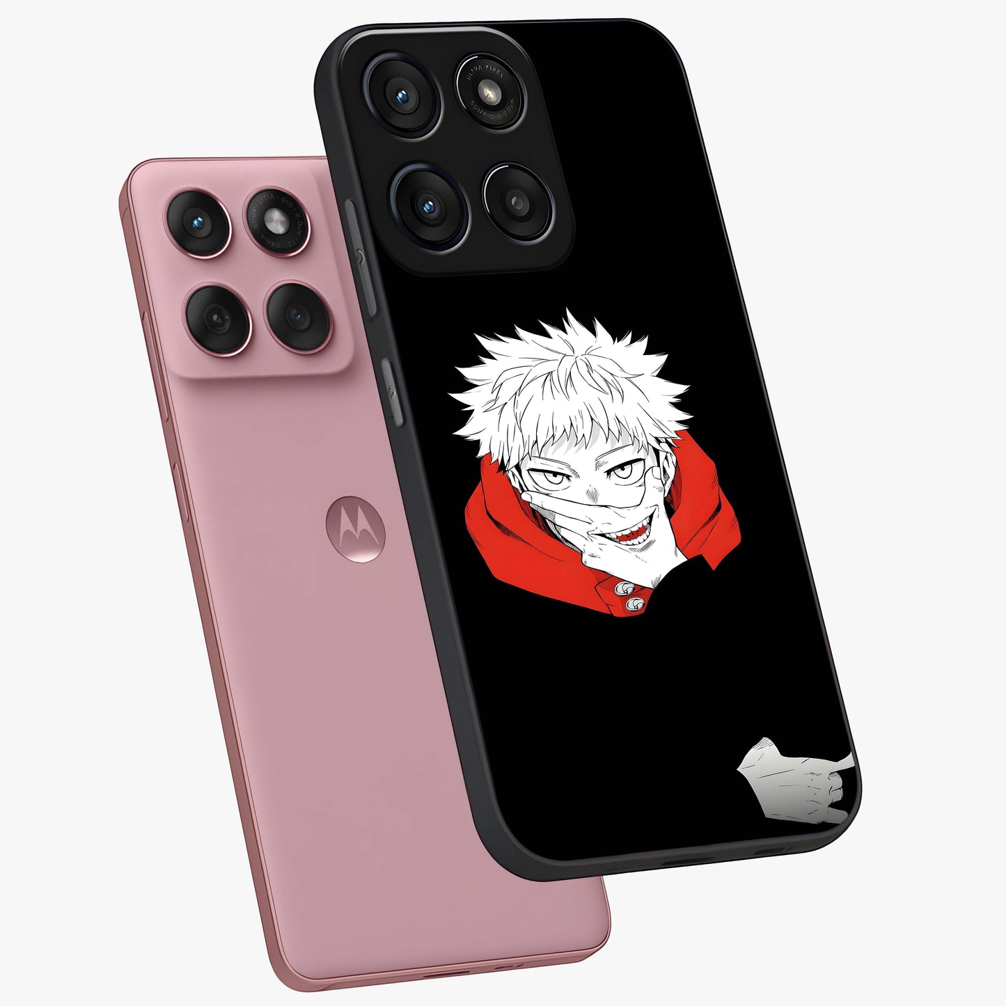 Crimson Chaos Smile Glass Case displayed in angled mockup highlighting edgy crimson smile design with graphic aesthetic.