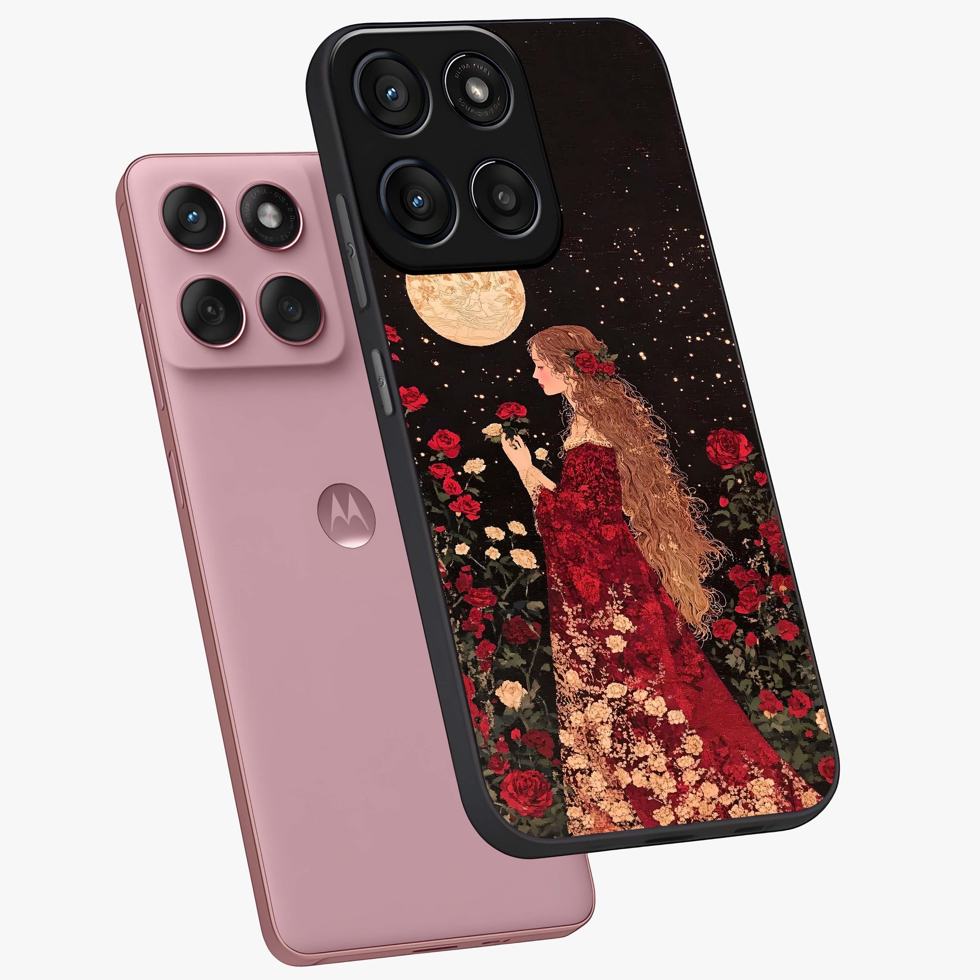 Crimson Dreams Glass Case displayed in angled mockup highlighting soft crimson aesthetic design with artistic theme.