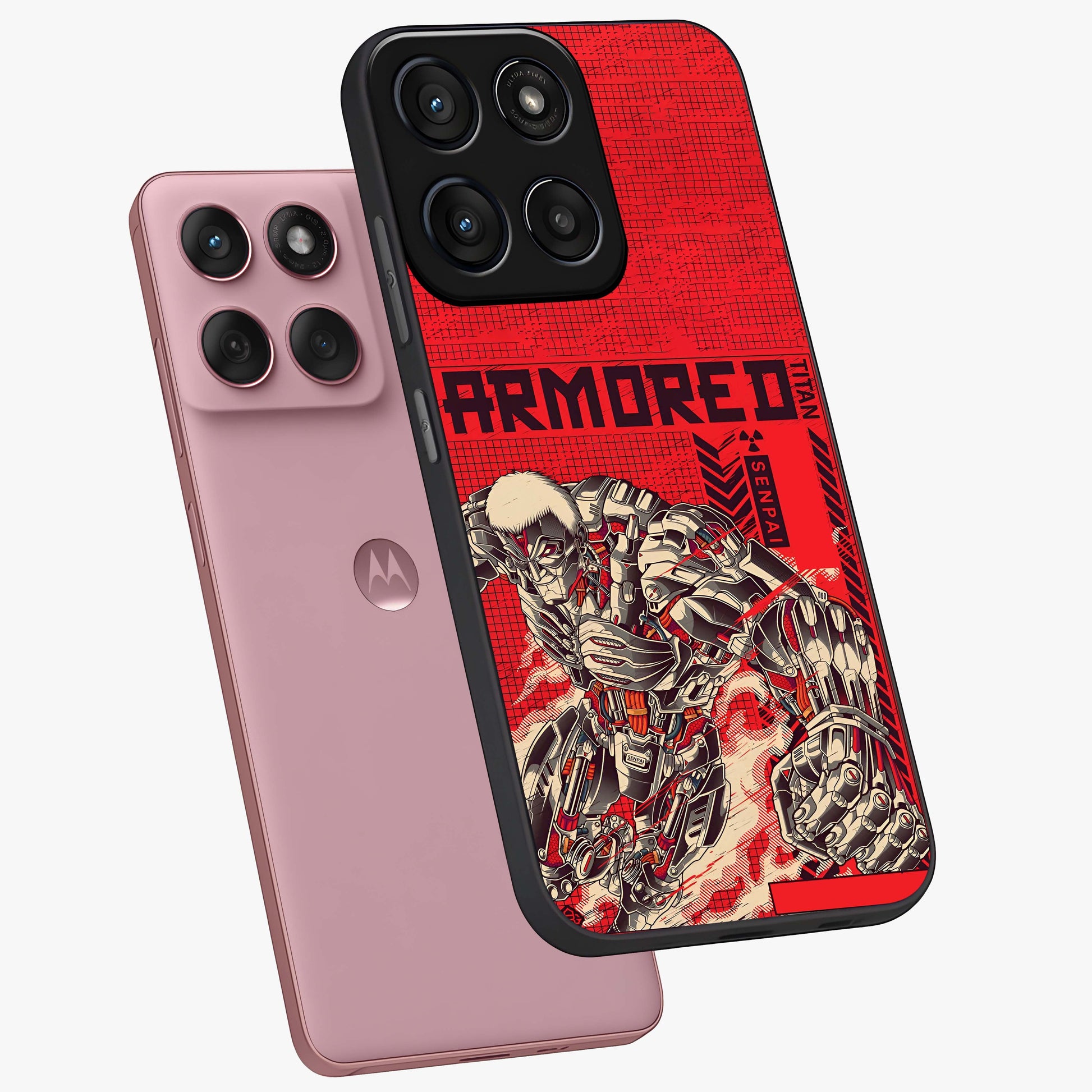 Crimson Mecha Titan Glass Case displayed in angled mockup highlighting futuristic mech illustration with bold crimson aesthetic.