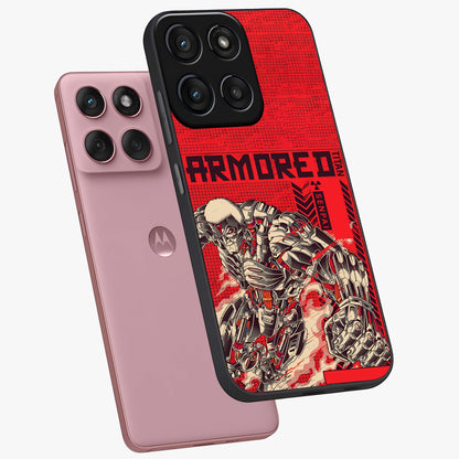 Crimson Mecha Titan Glass Case displayed in angled mockup highlighting futuristic mech illustration with bold crimson aesthetic.