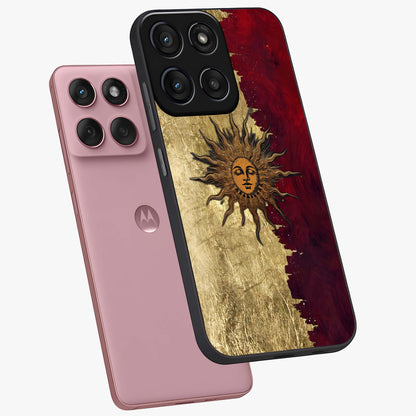 Crimson Sun Majesty Glass Case displayed in angled mockup highlighting majestic crimson sun design with bold aesthetic style.