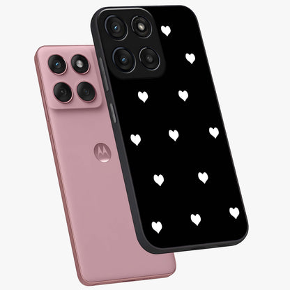 Cute And Simple White Hearts Glass Case displayed in angled mockup highlighting cute heart design with clean aesthetic style.