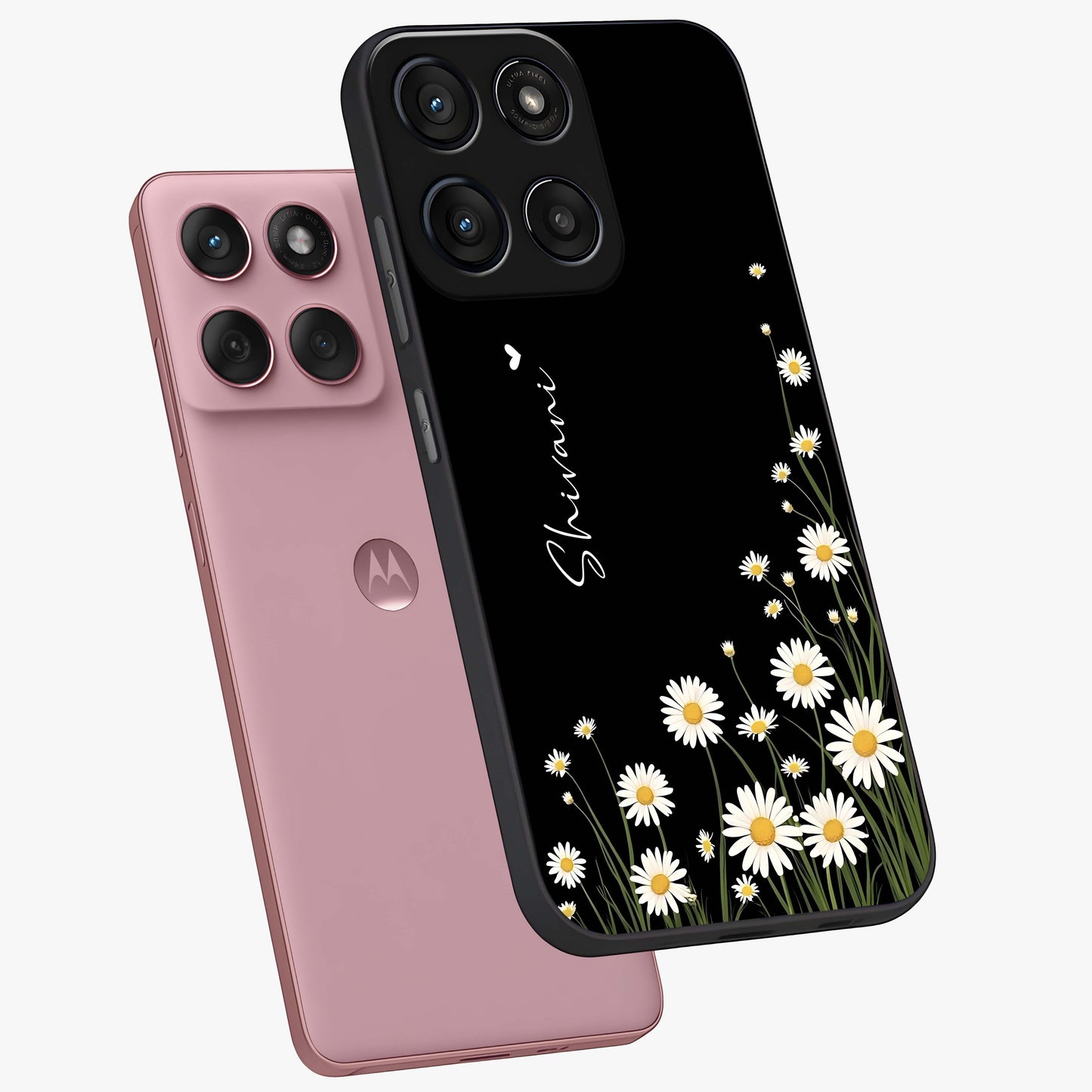 Daisy Cascade Custom Name Glass Case displayed in angled mockup highlighting delicate daisy artwork with custom name feature.