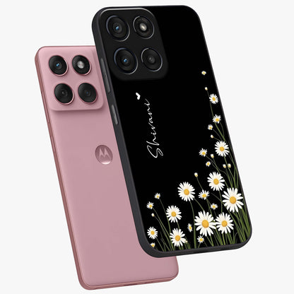 Daisy Cascade Custom Name Glass Case displayed in angled mockup highlighting delicate daisy artwork with custom name feature.