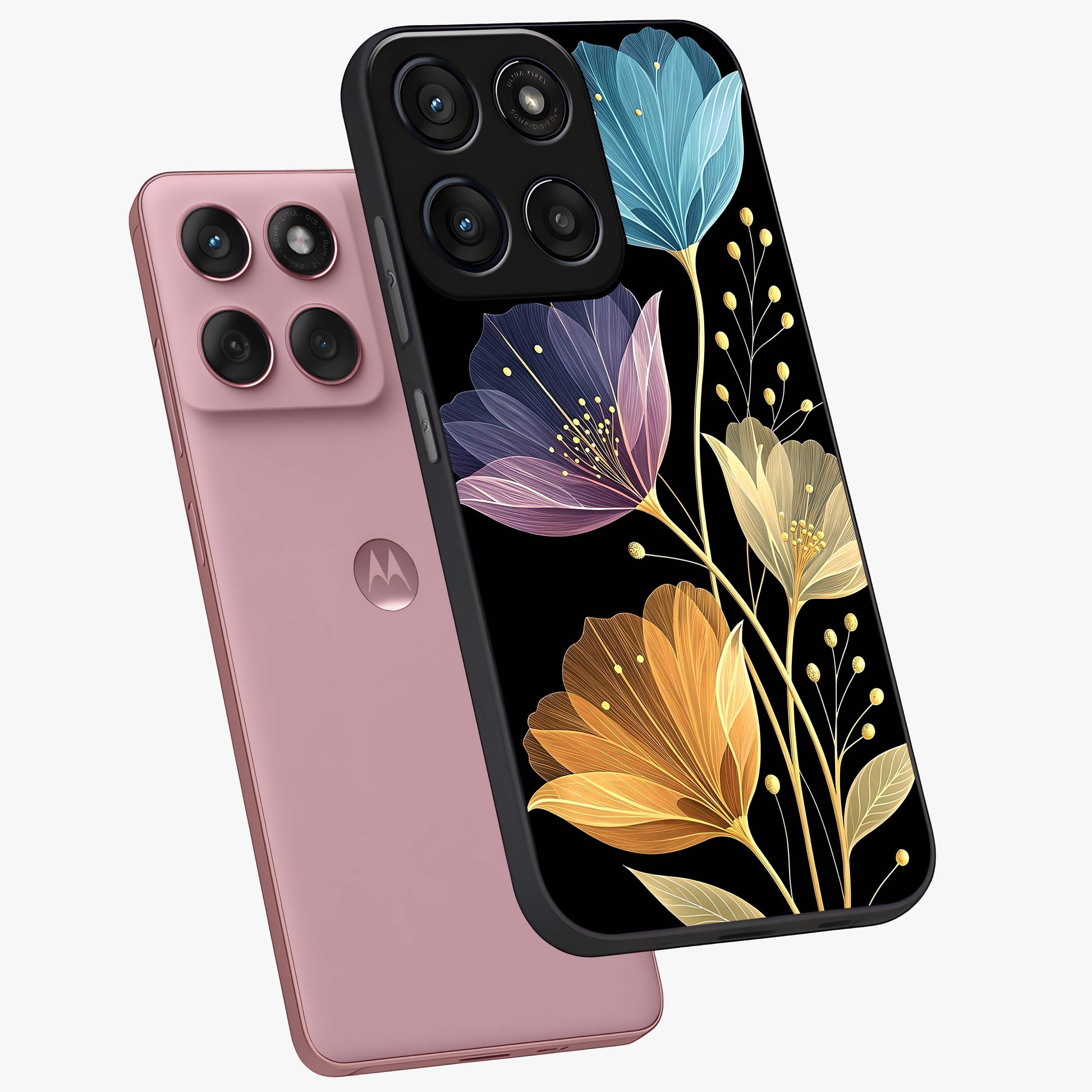 Delicate Multicolor Flowers Glass Case displayed in angled mockup highlighting colorful flower pattern with soft aesthetic style.