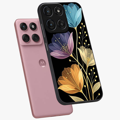 Delicate Multicolor Flowers Glass Case displayed in angled mockup highlighting colorful flower pattern with soft aesthetic style.