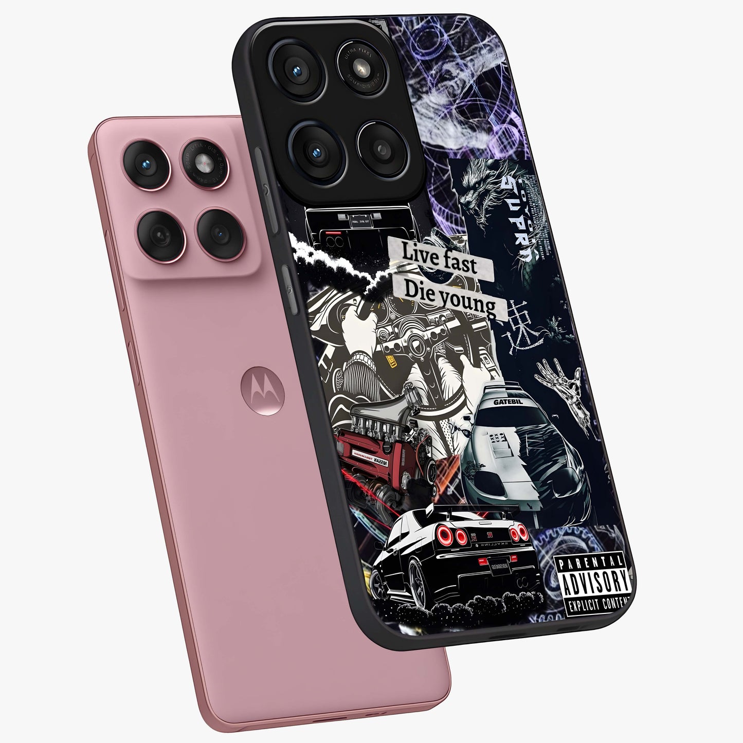 Die Young Glass Case displayed in angled mockup highlighting expressive graphic artwork with edgy aesthetic style.