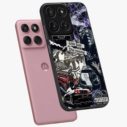 Die Young Glass Case displayed in angled mockup highlighting expressive graphic artwork with edgy aesthetic style.
