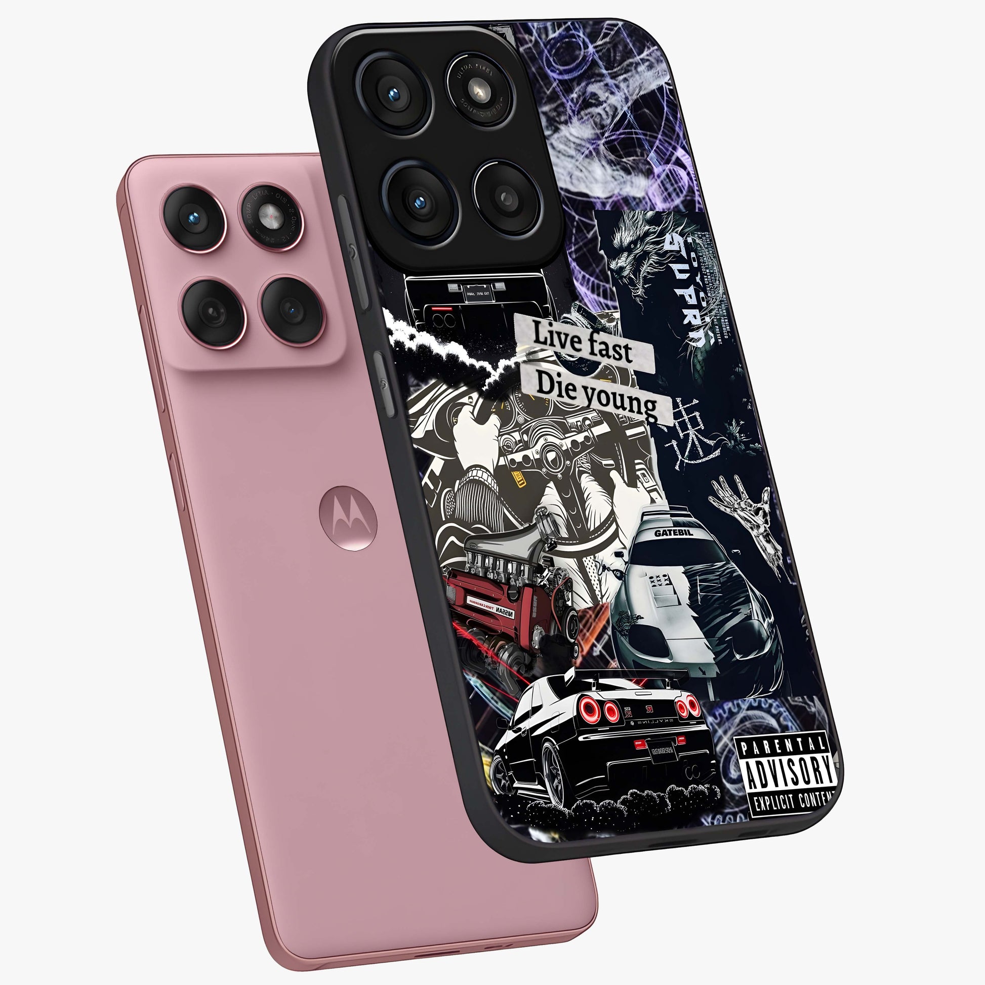 Die Young Glass Case displayed in angled mockup highlighting expressive graphic artwork with edgy aesthetic style.