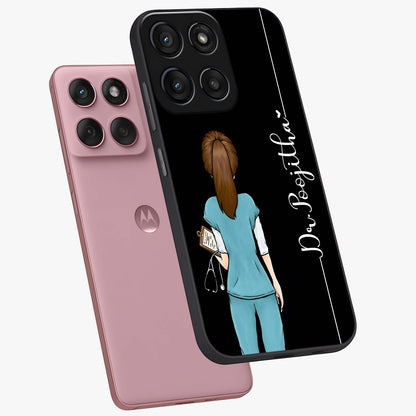 Doctor Pattern Custom Name Glass Case displayed in angled mockup highlighting doctor inspired artwork with custom name feature.