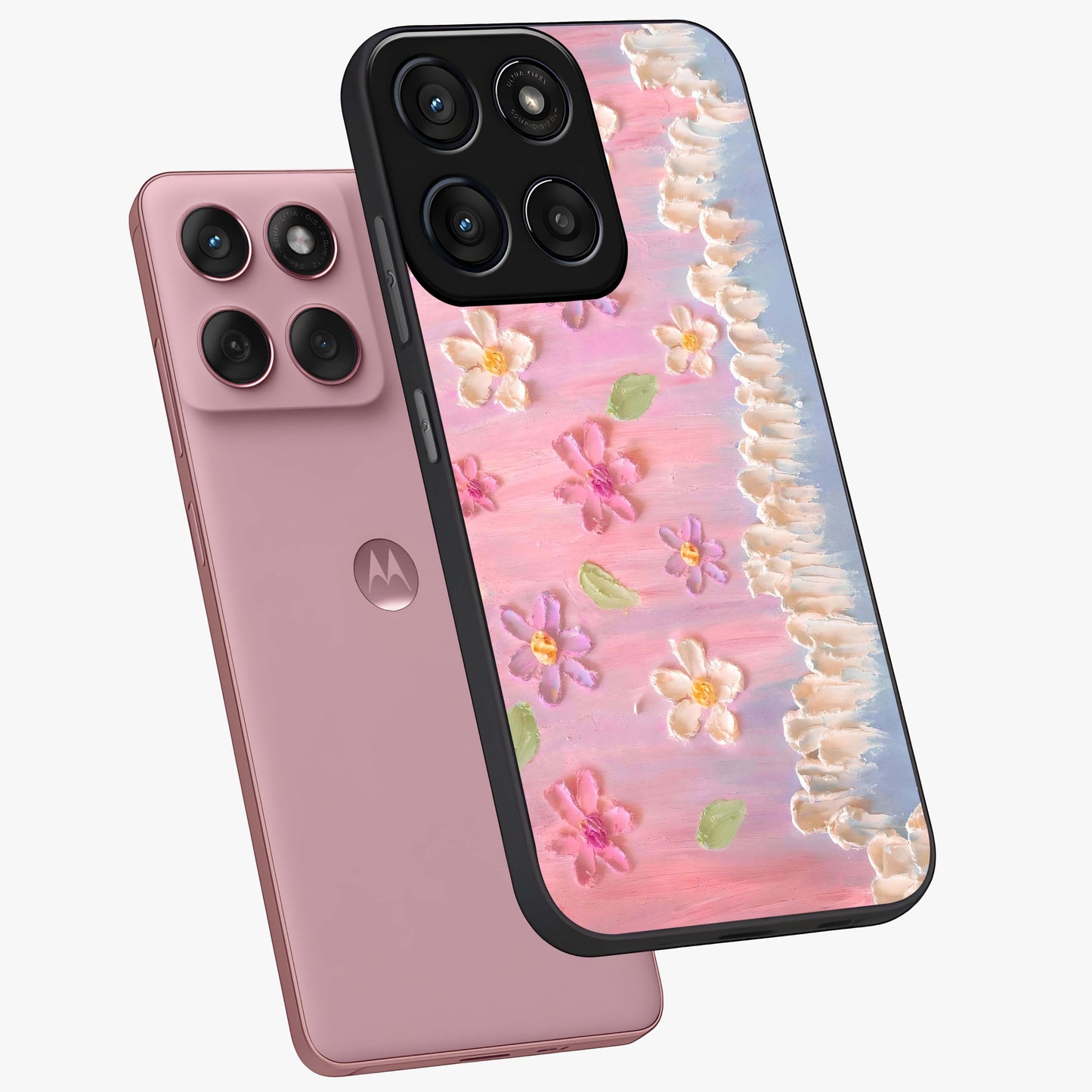 Dreamy Painted Garden Glass Case displayed in angled mockup highlighting colorful garden illustration with dreamy aesthetic style.