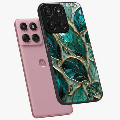 Emerald Leaf Glass Glass Case displayed in angled mockup highlighting botanical leaf illustration with elegant natural aesthetic.