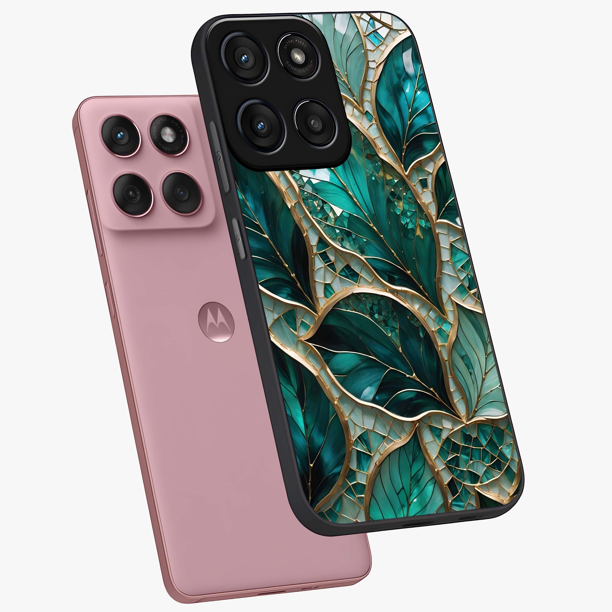 Emerald Leaf Glass Glass Case displayed in angled mockup highlighting botanical leaf illustration with elegant natural aesthetic.