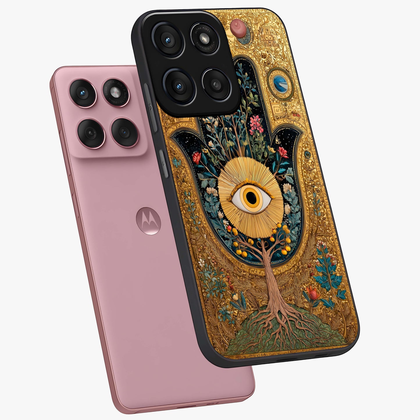 Ethereal Evil Eye Glass Case displayed in angled mockup highlighting protective evil eye symbol with spiritual aesthetic design.