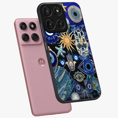Evil Eye Charm Mix Glass Case displayed in angled mockup highlighting protective evil eye symbols with spiritual aesthetic design.