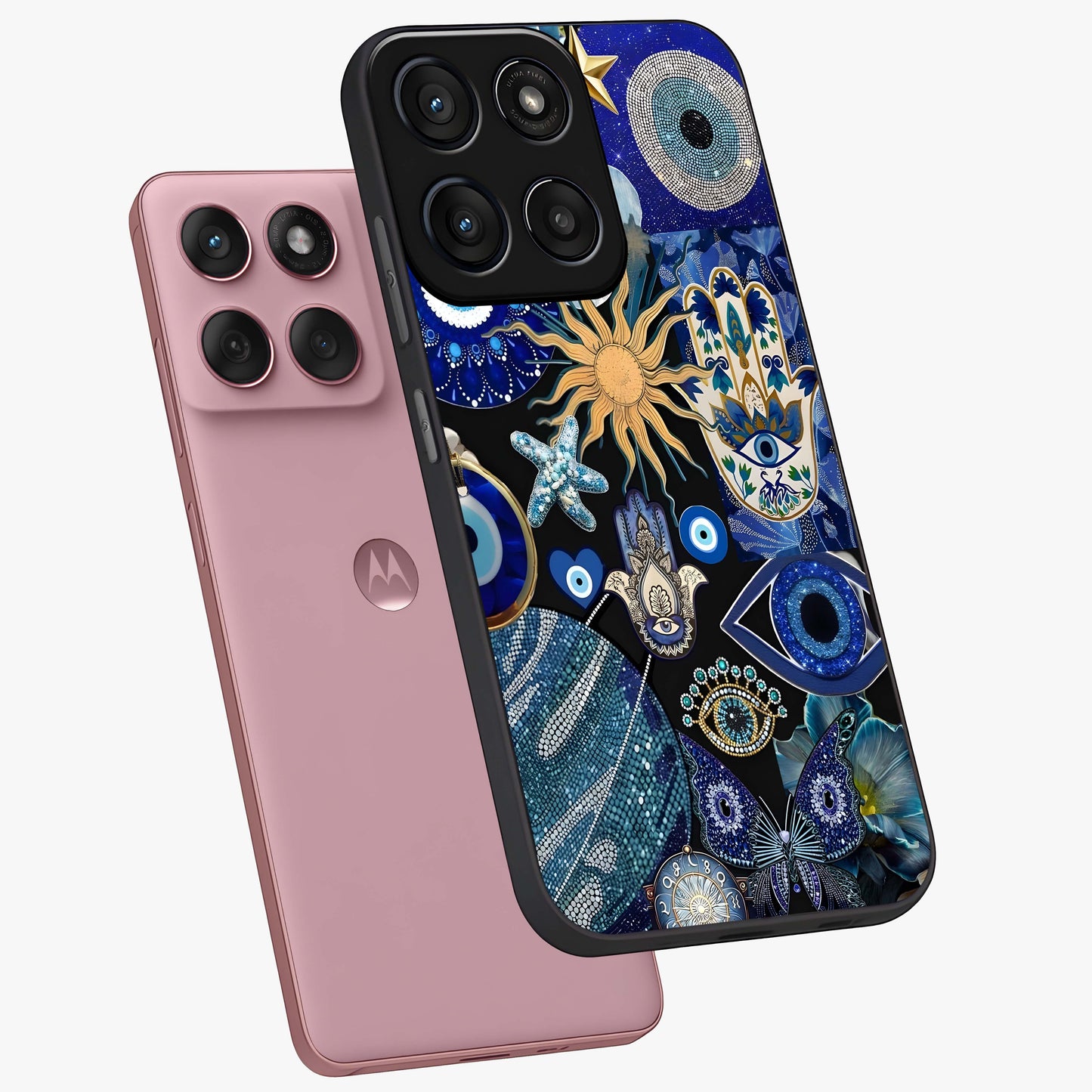 Evil Eye Charm Mix Glass Case displayed in angled mockup highlighting protective evil eye symbols with spiritual aesthetic design.