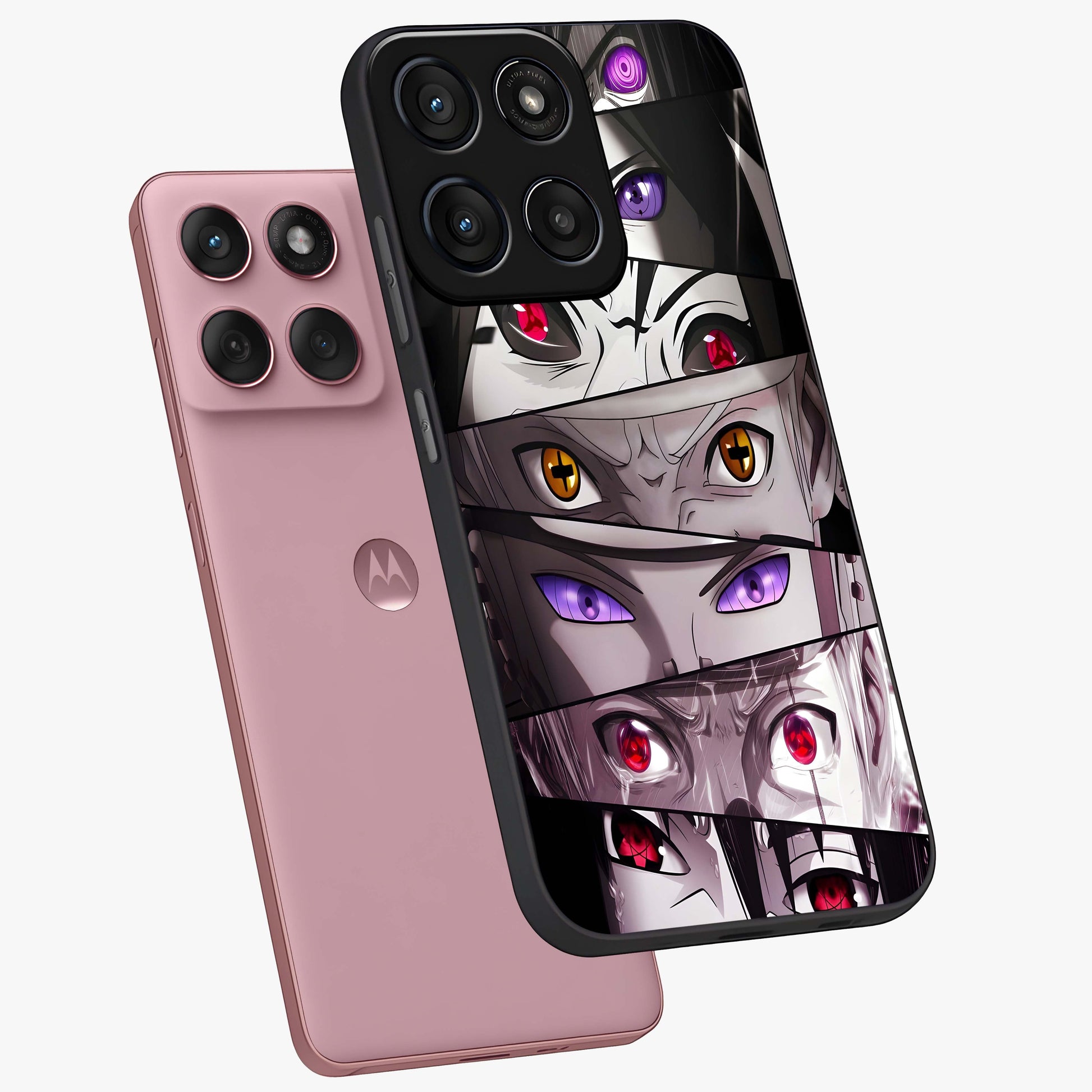 Eyes of Destiny Glass Case displayed in angled mockup highlighting bold eye illustration with mystical aesthetic style.