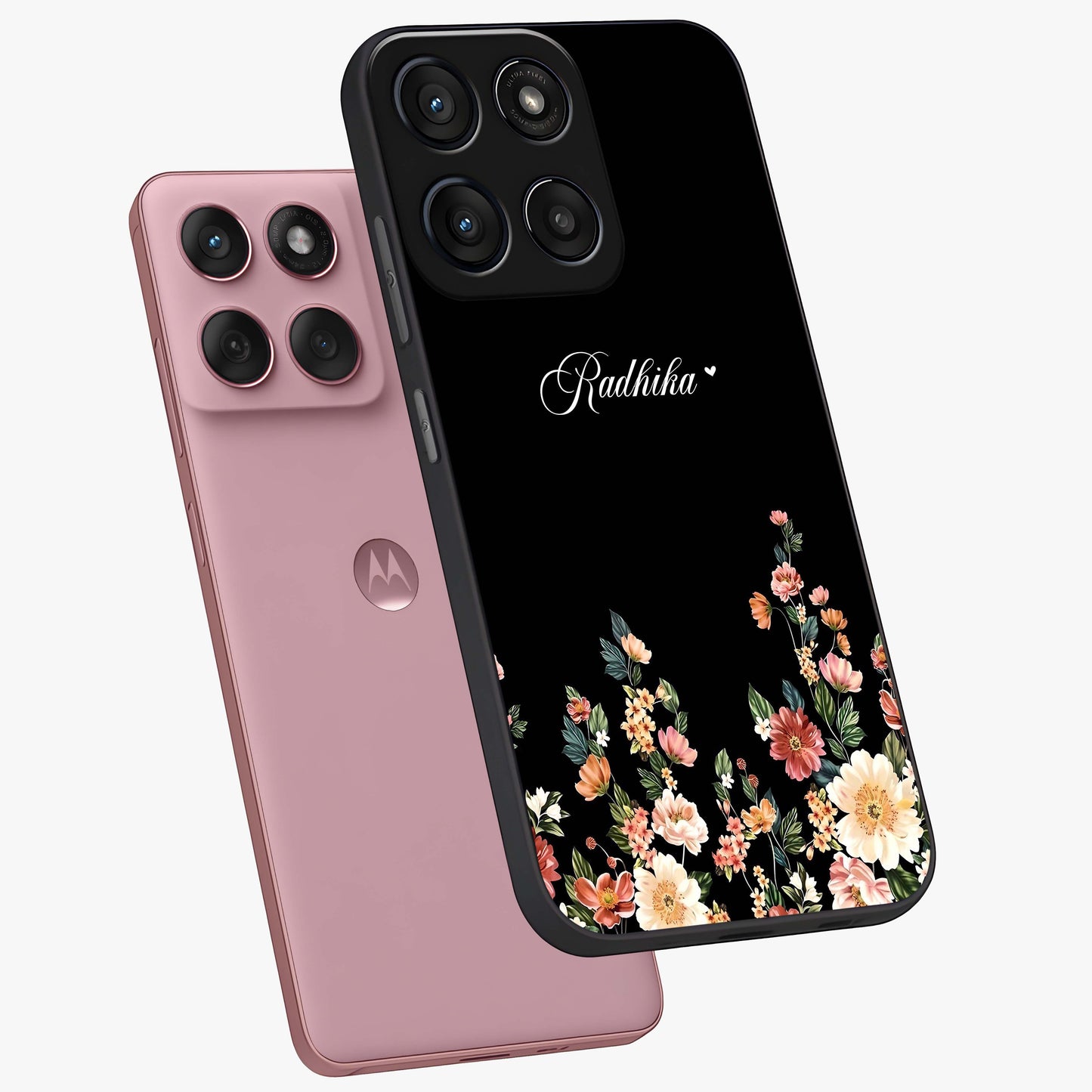 Floral Design With a Custom Personalized Name Glass Case displayed in angled mockup highlighting elegant floral pattern with custom name feature.