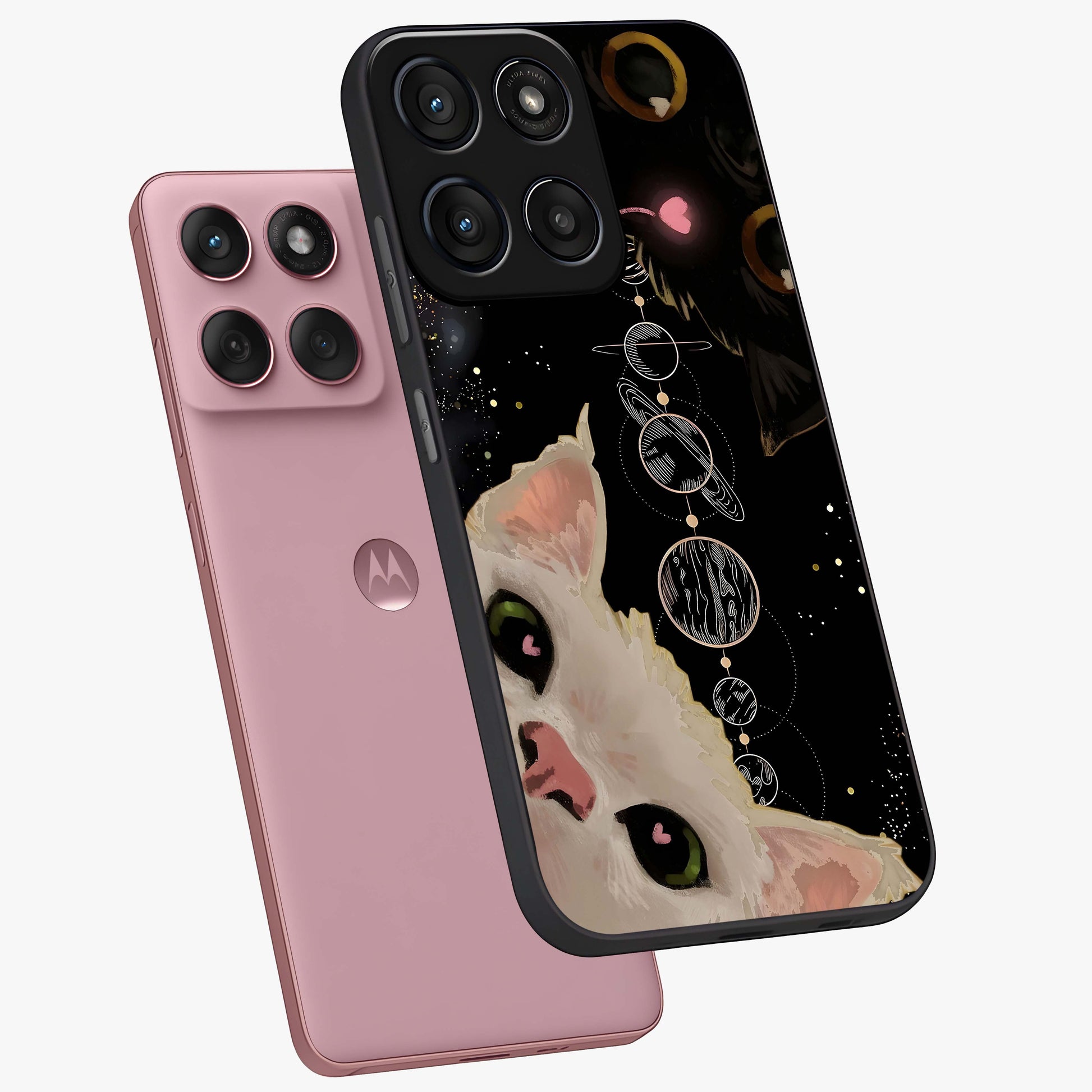 Galactic Cat Glass Case displayed in angled mockup highlighting celestial feline illustration with galaxy aesthetic style.