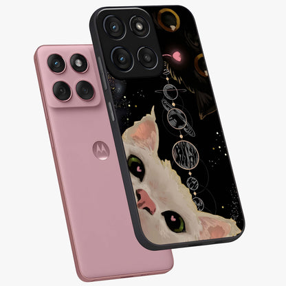 Galactic Cat Glass Case displayed in angled mockup highlighting celestial feline illustration with galaxy aesthetic style.